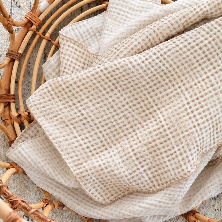Sentimental Trickholic Gingham Check Waffle Gauze Picot Lace Blanket (Select Size)