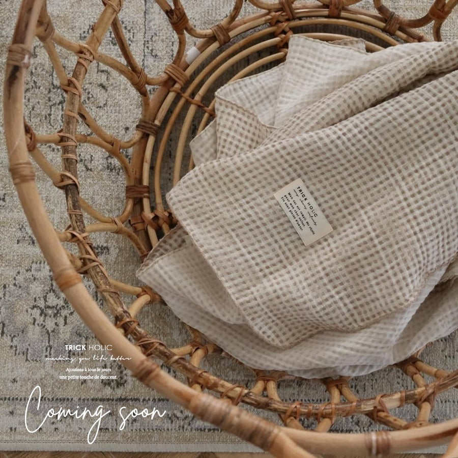 Sentimental Trickholic Gingham Check Waffle Gauze Picot Lace Blanket (Select Size)