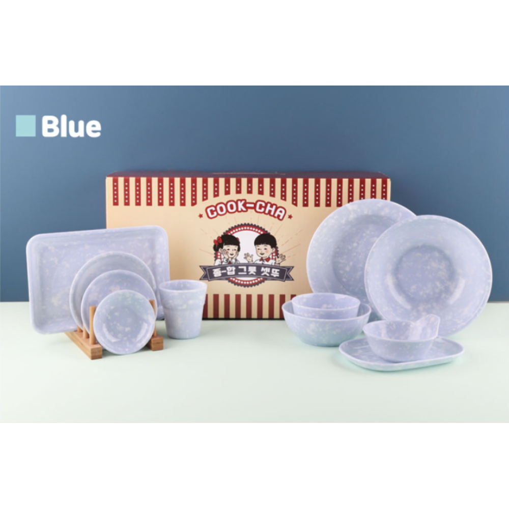 Korean Retro Melamine 19-Piece Full Dining Set (Color Options: Green, Brown, Blue)