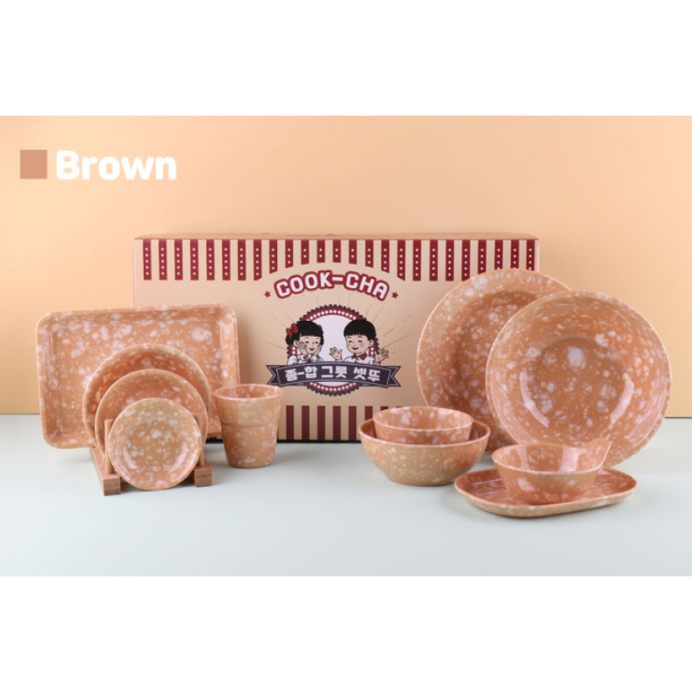 Korean Retro Melamine 19-Piece Full Dining Set (Color Options: Green, Brown, Blue)