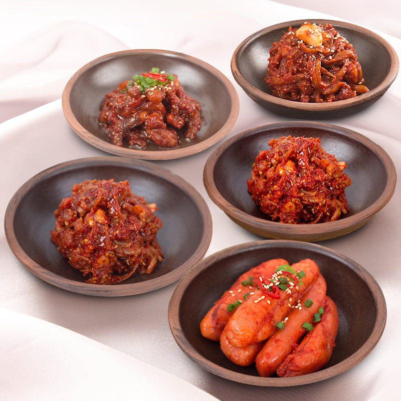 [Free Separate Shipping] Sokcho Omami Jeotgal 8-Type Set (8 types * 2 packs/100g) <br> Octopus Jeotgal 2 + Pollack Sashimi 2 + Squid Jeotgal 2 + Pollock Roe Jeotgal 2 + Cod Roe Jeotgal 2 + Flounder Sikhae 2 + Sea Squirt Jeotgal 2 + Young Oyster Jeotgal 2