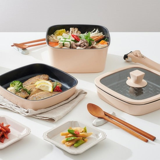 [Free Separate Shipping]</br>Boogle - 6-Piece Square Pot Set (Choose 1: Beige or Black)