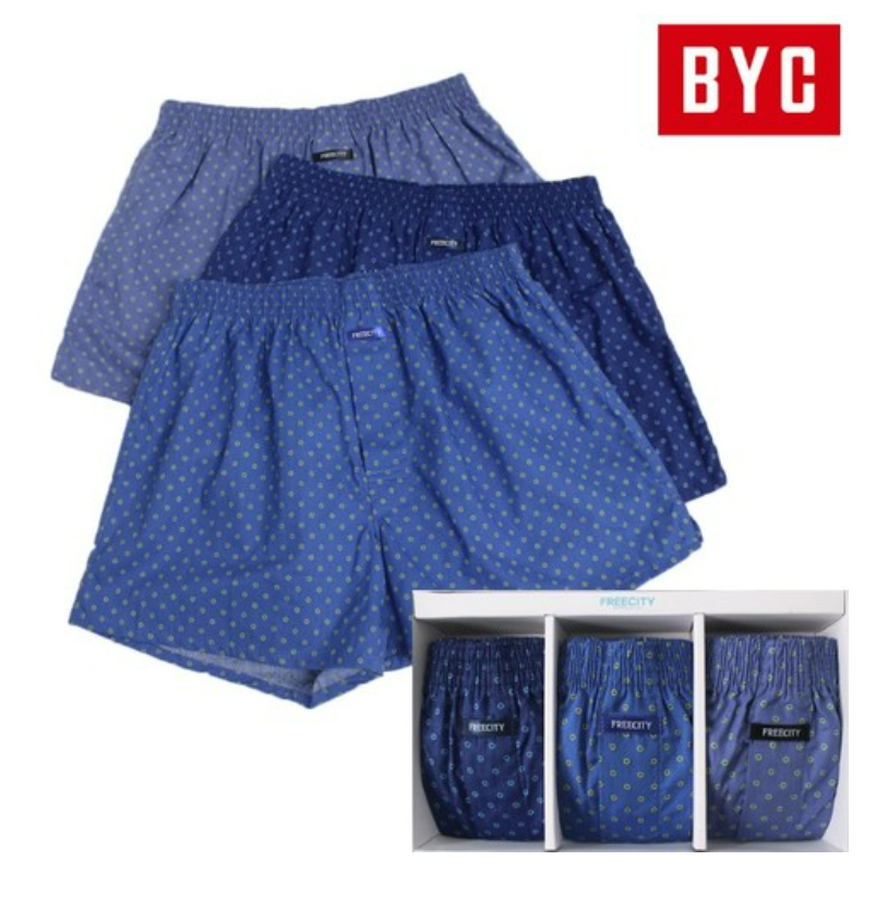BYC Men's Pure Cotton Boxer Shorts 3-Pack (Denim Blue, Blue, Purple Blue) (MCG4004, MGC4011)