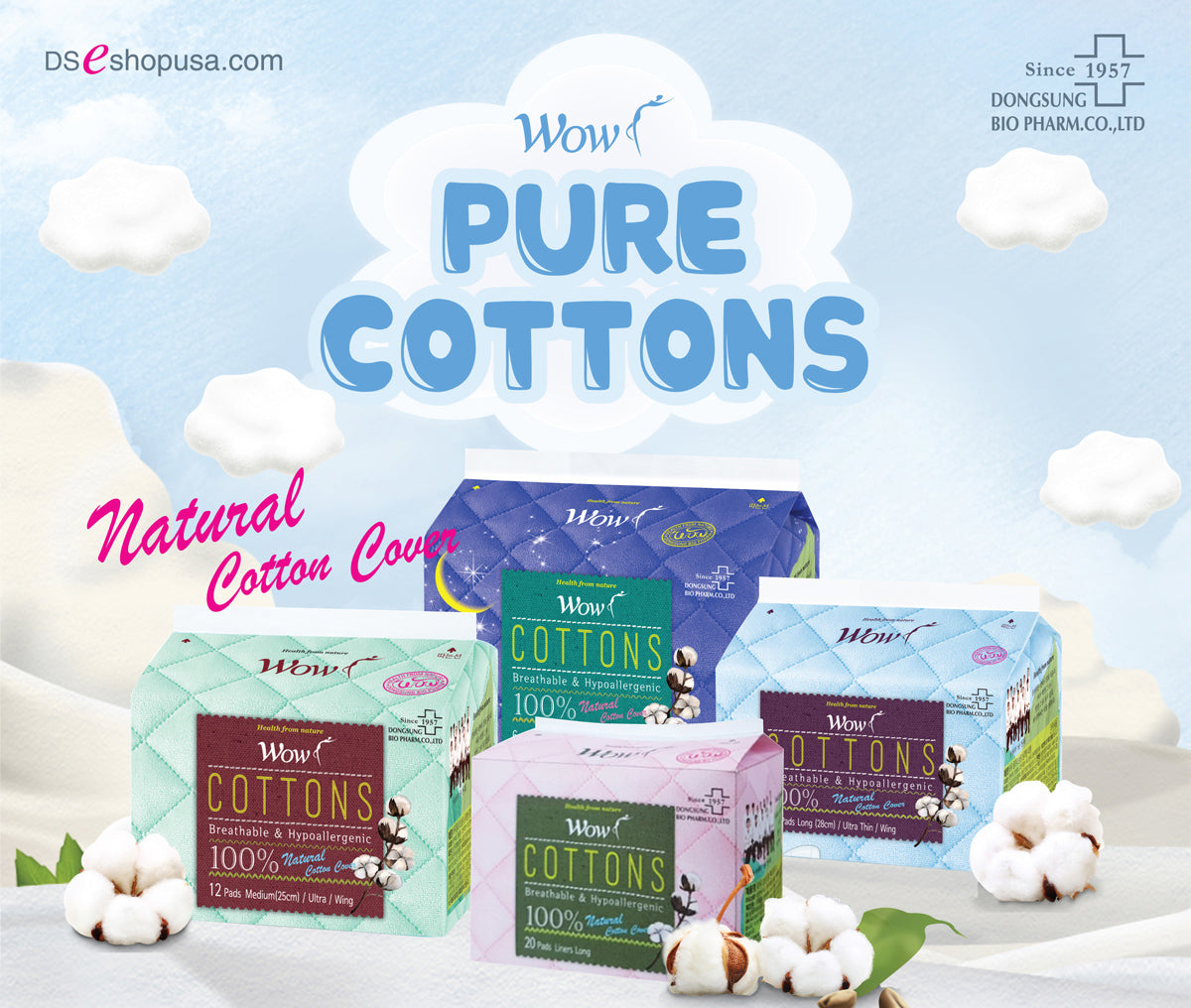 Dongsung WOW Cotton Sanitary Pads - Long Panty Liners (20-pack)