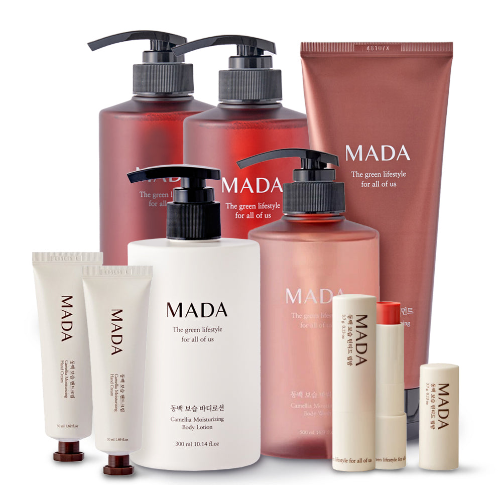 [Free Separate Shipping] MADA - Camellia Moisturizing 6-Piece Set
2 x Shampoo 500ml + 1 x Treatment 200ml + 1 x Body Wash 500ml + 1 x Body Lotion 500ml + 2 x Hand Cream 50ml + 2 x Tinted Lip Balm