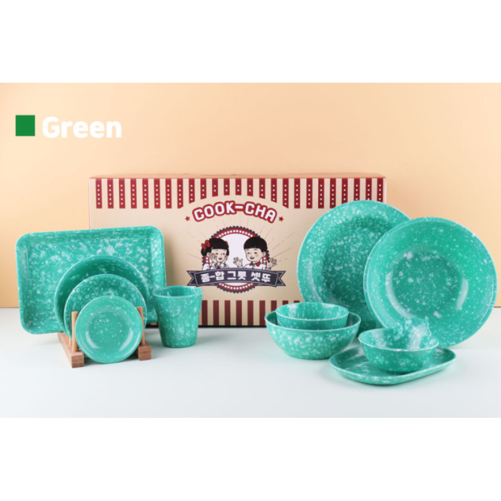 Korean Retro Melamine 19-Piece Full Dining Set (Color Options: Green, Brown, Blue)