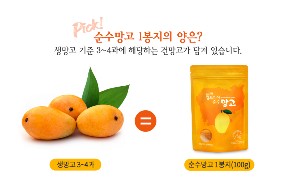 Seoul Mills and Cconma Global Farm 100% Dried Mango 100g features real Keo Romeat mango.
